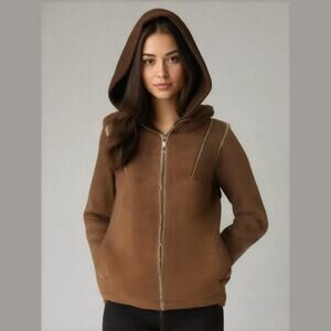 Braetan Vintage Brown Faux Suede Sherpa Lined Hooded Zipper Warm Winter Coat L